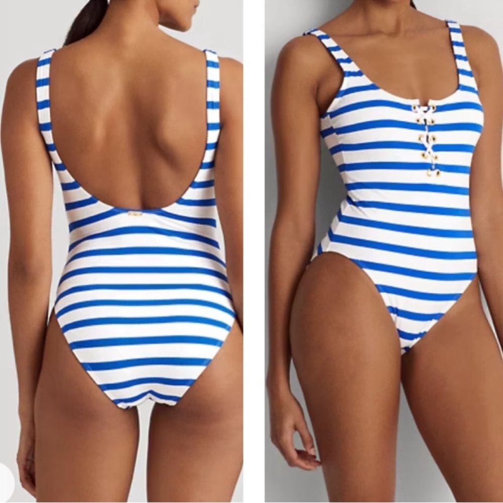 Lauren Ralph Lauren Port Stripe Laced rank one piece swimsuit
